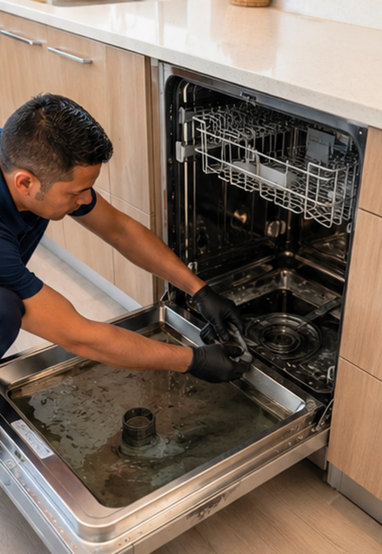 Open dishwasher being diagnosed for drainage and cleaning problems in a Waikīkī vacation-rental kitchen
