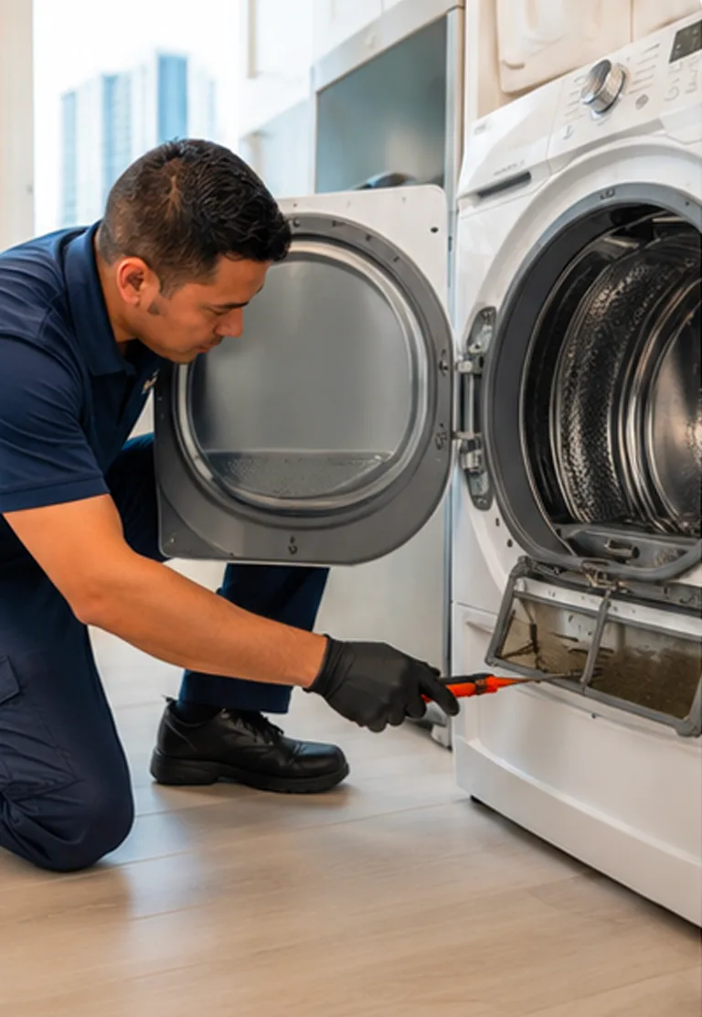 Appliance technician inspecting a clothes dryer that runs but does not heat in a Waikīkī residence