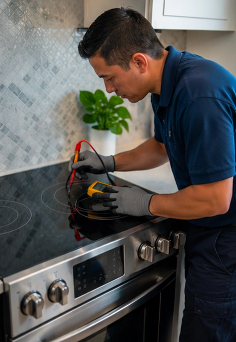 Close view of an appliance specialist testing a faulty electric range burner in a condominium kitchen