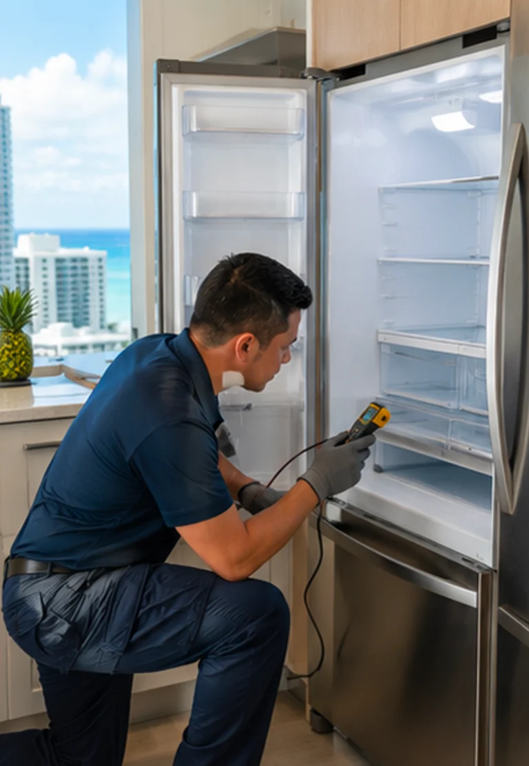 Technician checking a refrigerator that is not cooling inside a modern Waikīkī condominium kitchen