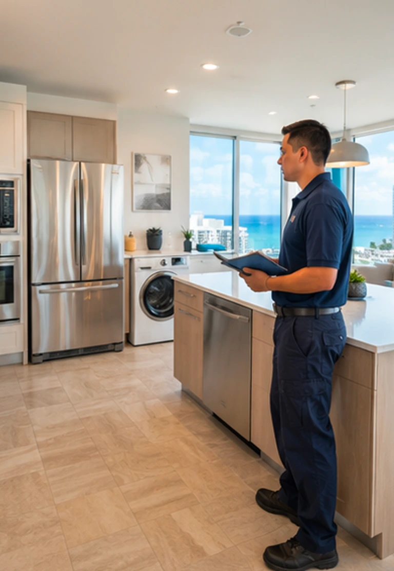 Property manager and appliance technician inspecting kitchen appliances before a Waikīkī vacation-rental guest arrival