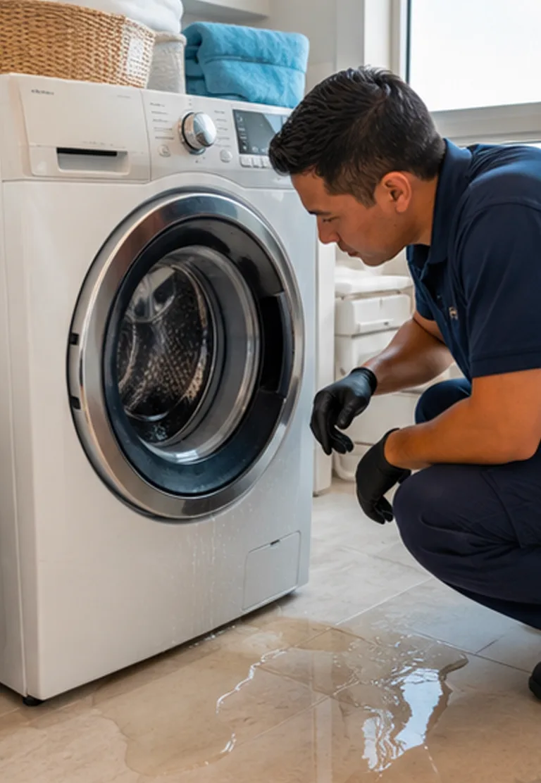Front-loading washing machine leaking onto the floor of a compact Waikīkī condominium laundry area